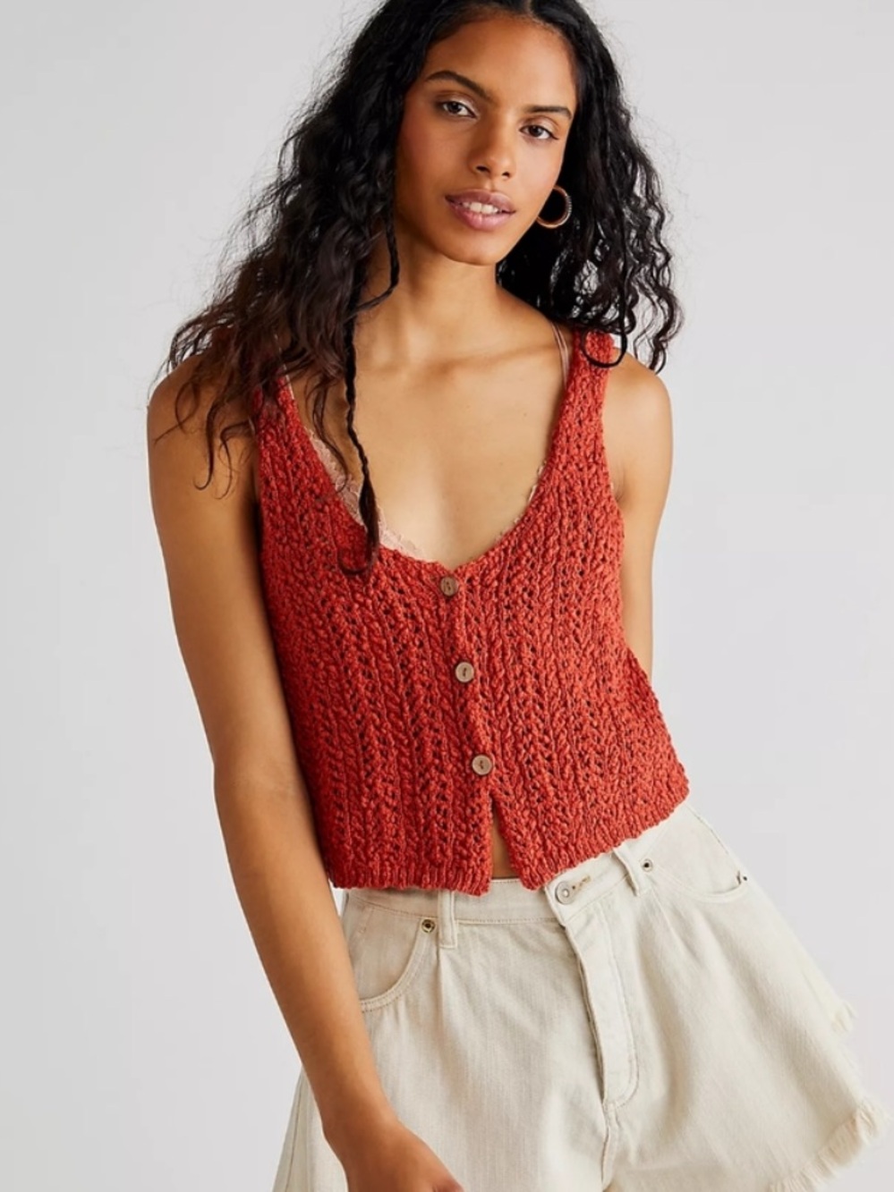 Free People Rust Red Crochet Button Tank - Picture 4 of 4